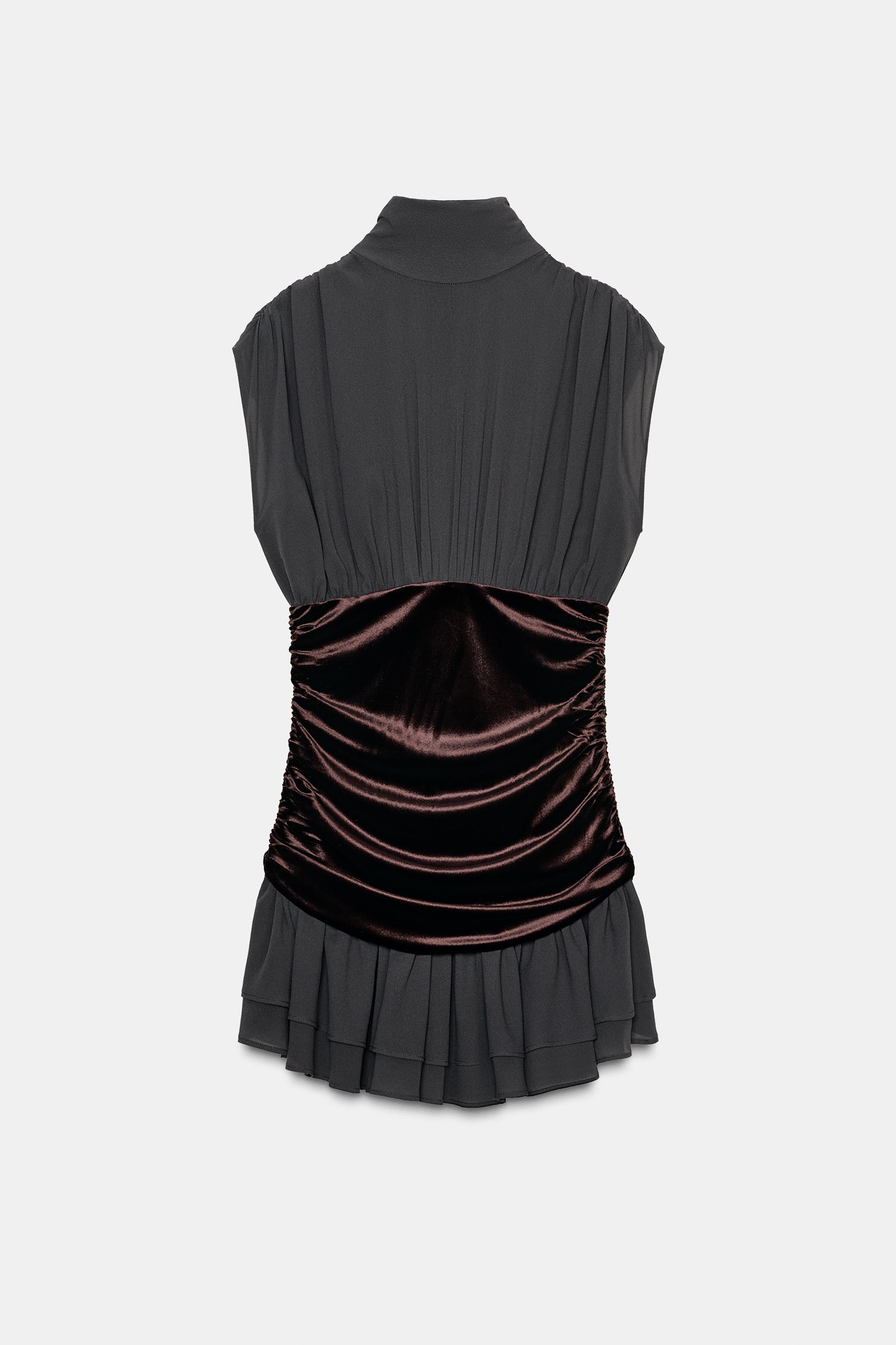 SHORT COMBINATION VELVET RUFFLE DRESS